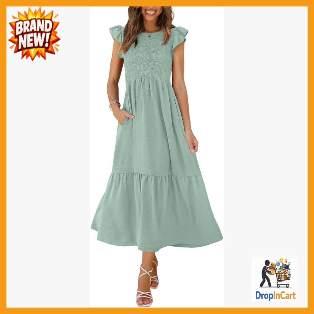 Casual Maxi Dress With Pockets Ruffle Sleeve Smocked Tiered Boho Chic